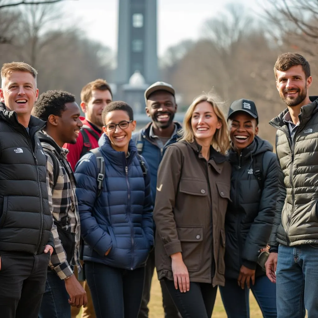 Team building exercise outdoors with Birmingham backdrop