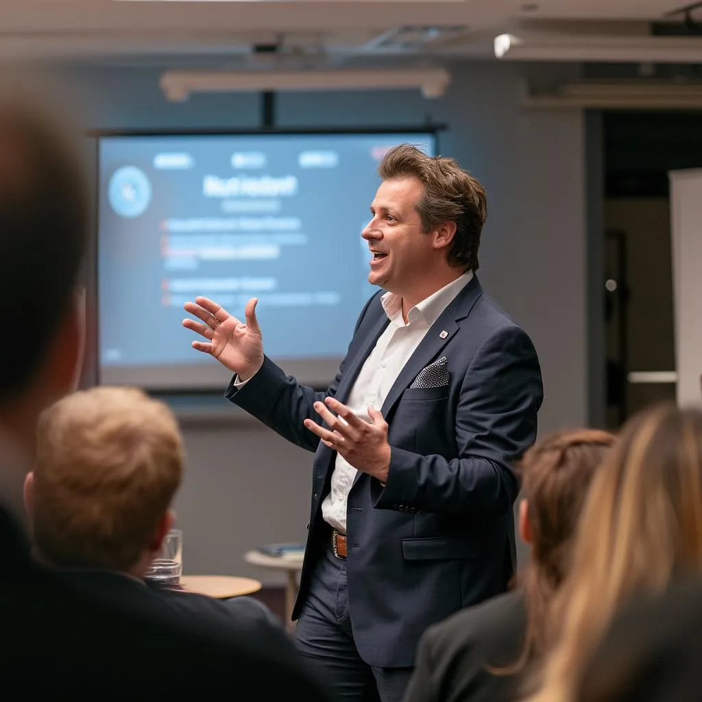Speaker presenting on emotional intelligence at a Birmingham event