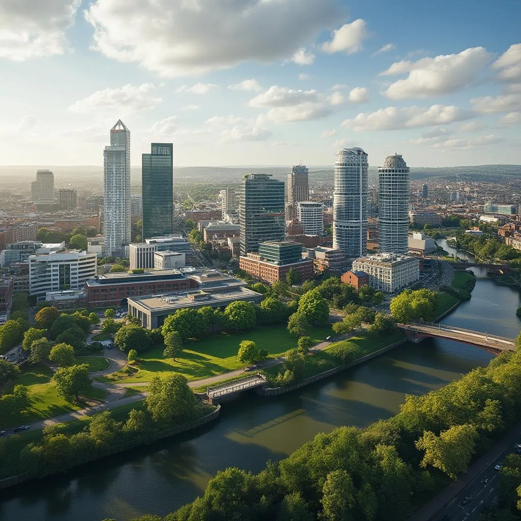 Panoramic view of Birmingham's modern architecture blended with green spaces, symbolizing growth and community